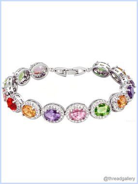 Sterling Silver Oval Gemstone Tennis Bracelet Adjustable 7-8 Inch